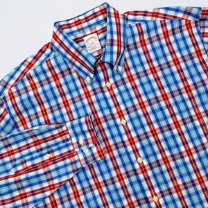 Brooks Brothers Button Down Shirt Men's Large Red White Blue Plaid Long Sleeve